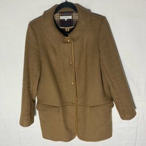 Sandro Tan Wool Blend Button Front Coat Jacket Leather Trim 38/S Minimalist Twee